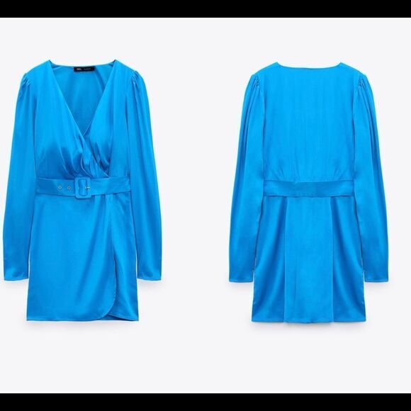 Zara blue v-neck wrap front long sleeve satin effect dress Sz M - Picture 3 of 11